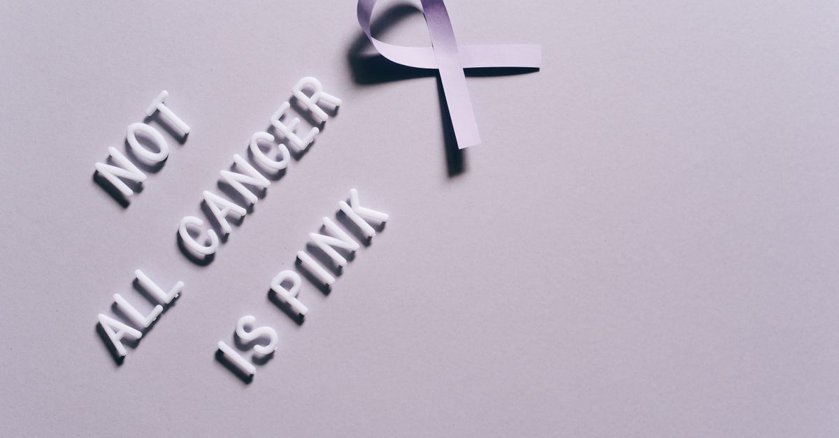 Cancer awareness poster with a purple ribbon on a gray background.